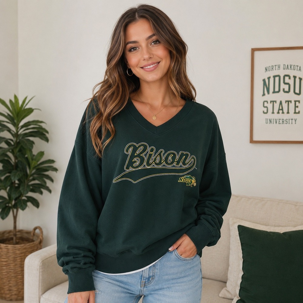 Liv Casual NDSU Bison‎ Sweatshirt Women 2XL Green NEW V-Neck Relaxed Pullover